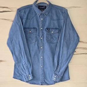 Wrangle Shirt Boys Medium Blue Pearl Snap Chambray Western Long Sleeve Cotton - Picture 1 of 11
