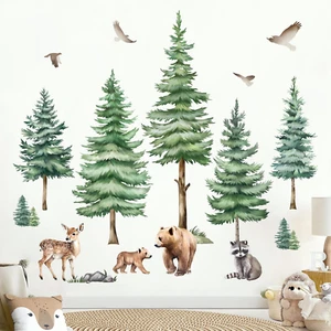 Large Pine Tree Wall Decals Woodland Animal Bear Wall Stickers Baby Nursery Kids - Picture 1 of 6