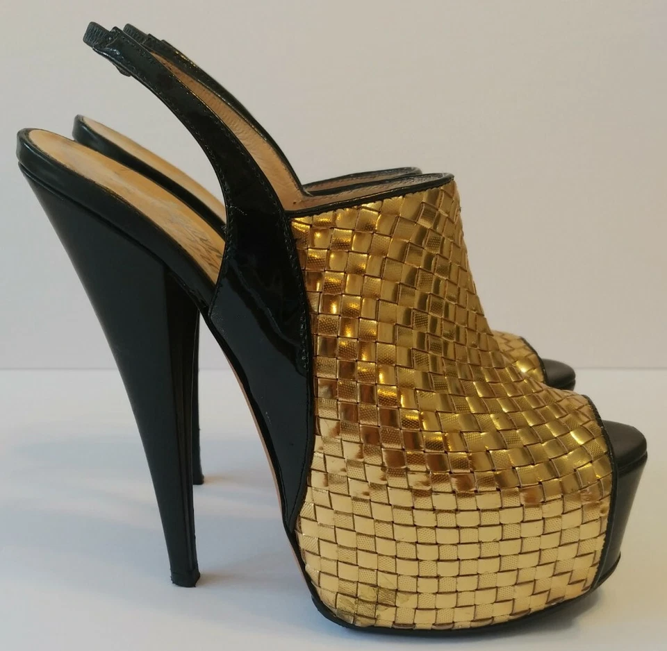 Alejandro Ingelmo Black & Gold Woven Platform Leather  Slingback Stiletto Heels - Image 1 of 4