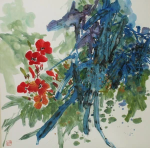 Original large Chinese painting flowers and grasses, not a print - Picture 1 of 2