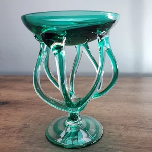 Vintage Jozefina Krosno Hand Blown Jellyfish Pedestal Bowl 5.25 Teal Green Swirl - Picture 1 of 9