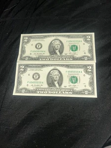 2013 $2 dollar fancy serial # 5 of a kind 5s Consecutive Notes F 05655558 & 9 A - Picture 1 of 2
