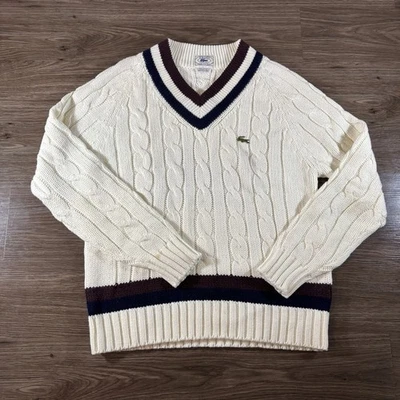 Vintage Lacoste Izod V-Neck Tennis Chucky Cable Knit Wool Sweater Size Large - image 1 of 4