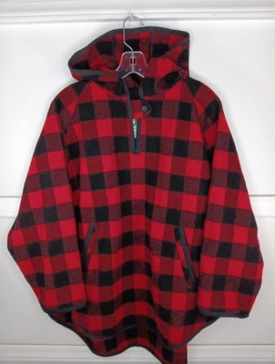Poncho com capuz Woolrich Popover vintage XXL preto vermelho búfalo xadrez mistura de lã em excelente estado usado  - Imagem 1 de 4
