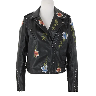 Chaqueta Moto Negra Multi Floral Bordada Cuero Tachonado Forrada de Poliuretano Foto 1 de 4