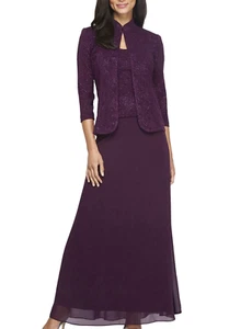 Alex Evenings Women's Jacquard Long Dress Mandarin-Neck Jacket Size 8 - Picture 1 of 6