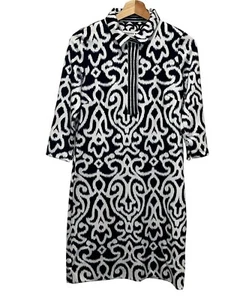 Túnica Gretchen Scott azul y blanco con estampado Ikat mangas 3/4 y cuello alto para mujer - Imagen 1 de 9