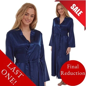 Navy Lined Satin Long Dressing Gown Wrap Bath Robe Kimono Size 16 18 RRP £30! - Picture 1 of 2