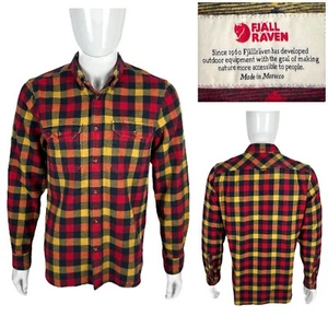 Fjallraven Mens Large Flannel Shirt Red Yellow Plaid Long Sleeve Slim Fit Cotton - Picture 1 of 11