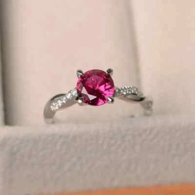 1.65 Ct Round Cut Natural Ruby Diamond Wedding Ring 14K Real White Gold - Image 1 of 4