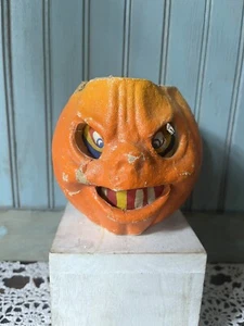 Vintage 1930 1940 Paper Mache Pulp Jack O Lantern Pumpkin Halloween 5" & Insert - Picture 1 of 11