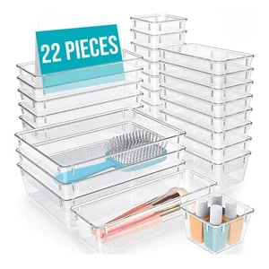 22Pcs Clear Plastic Drawer Organizer set, 5 Sizes Versatile Storage Bins - Picture 1 of 11