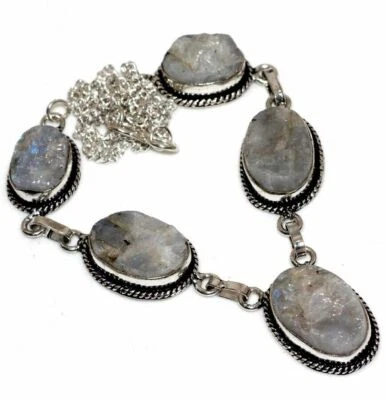 Grezzo Fuoco Bianco Arcobaleno Luna Opale 925 Argento Sterling 17 " Collana # - Immagine 1 di 4