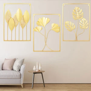 Decoración de pared dorada - 3 uds??ck metal hierro esculturas de pared oro dorado ginkgo biloba - Imagen 1 de 12