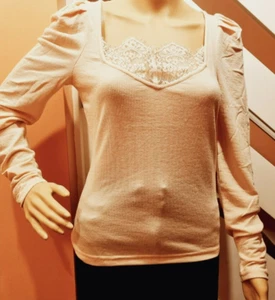Dorothy Perkins lace trim puff long sleeve pink ribbed top - Picture 1 of 6