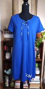 Calvin Klein Blue T Shirt Dress Laced Up Front Women’s Large Logo Graphic - Picture 1 of 7