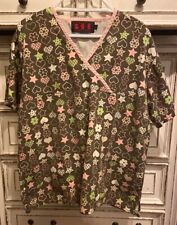 BH Uniforms Women’sGrayW/Pink,Green&White Stars&Hearts Scrub Top.SizeXL.PreOwned