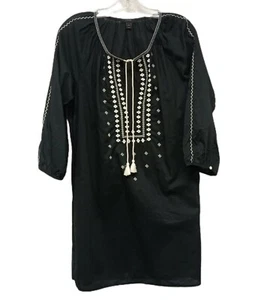 J.Crew Tunic Top Women’s XSmall Black/White Tassel Tie Embroidered Pop Over - Picture 1 of 6