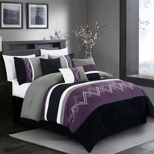 Chezmoi Collection Arden 7-Piece Modern Pleated Stripe Embroidered Zigzag Bed... - Picture 1 of 9
