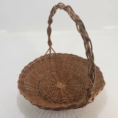 Round Handled Basket Wicker Woven Weave Gathering Fruit Table Display Farmhouse  - Image 1 of 4