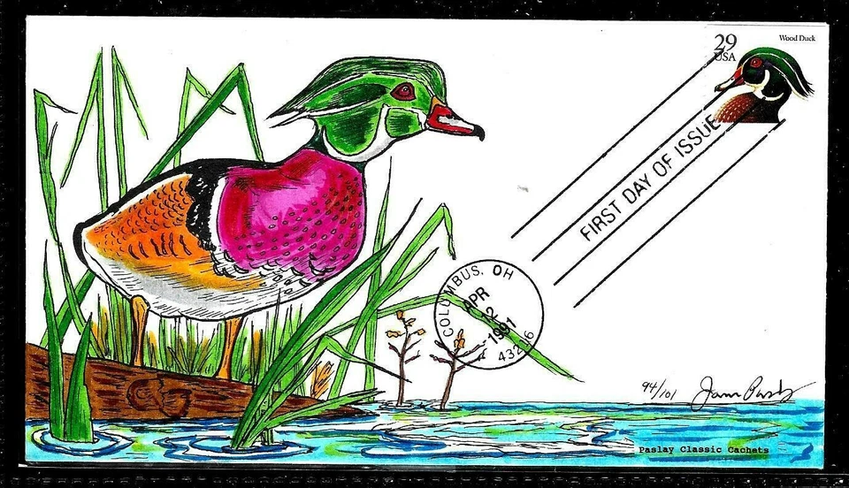 2484 29c Stamp (1991) THE WOOD DUCK FDC HD/HP BY JAMES B. PASLAY - BLACK LETTERS - Image 1 of 1