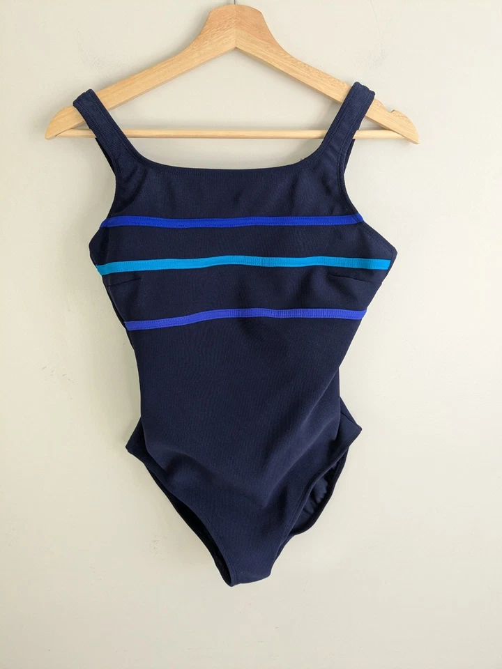 Vtg 90s Longitude Swimsuit Tummy Control Modest One Piece Tank Navy Blue Fits 8 - Image 1 of 4