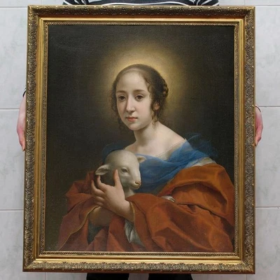 Antiguo arte maestro hecho a mano pintura al óleo antigua Virgen María oveja sobre lienzo 24X30" Foto 1 de 2