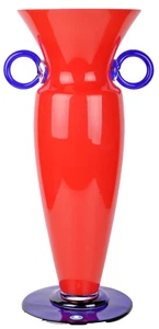 CZECH REPUBLIC B.A.G. Art Glass Tall Red Vase with Blue Base and Handles New - Picture 1 of 4