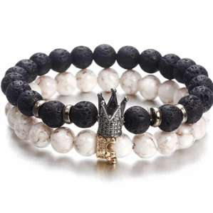 Modeschmuck Herren Damen König Königin Krone Lavastein Perlen Armband 70-2 - Bild 1 von 5