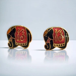 Vintage Cloisonne Elefant Ohrringe durchbohrt Pfosten goldfarben rot schwarz 1/2" - Bild 1 von 7