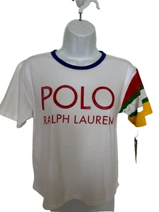 NEU T-Shirt Polo Ralph Lauren Kind 12-14 weiß/rot/Multi-Welt-Flagge neu mit Etikett - Bild 1 von 7