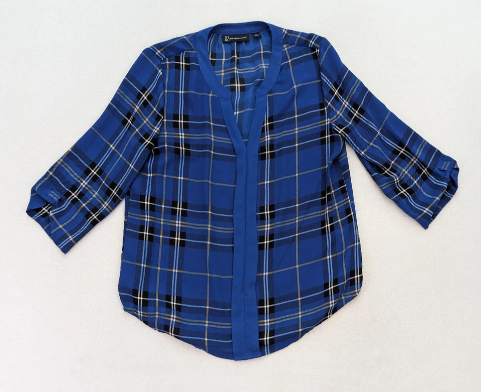 New York & Company Women's Top Size S Blue Plaid 3/4 Sleeve Blouse - Image 1 of 4