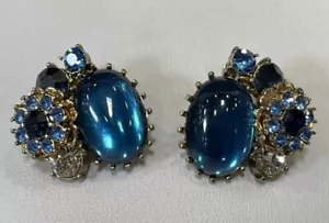 Vintage Rare 1950's Miriam Haskell NY Cobalt Blue Rhinestones Clip On Earrings - Picture 1 of 13
