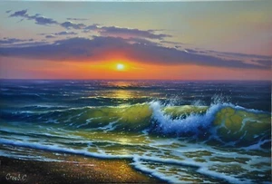 Paesaggio marino dipinto olio su tela, arte murale, pittura oceano, onda marina, sentiero soleggiato - Foto 1 di 10