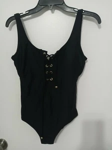 MOSSIMO Women's Black Lace Up Tie w/ Gold Accents One Piece Bathing Suit~ Size S - Picture 1 of 6