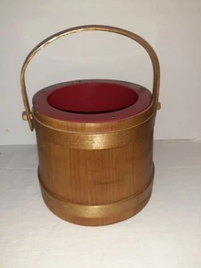 Vintage Wooden Firkin Planter w/ Red Plastic Insert 7"  - Picture 1 of 7