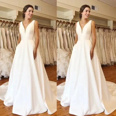 Beach Boho V Neck Wedding Dresses Satin A Line Corset White Ivory Bridal Gowns - Image 1 of 4