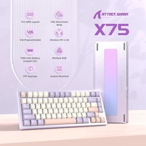 ATTACK SHARK X75 Aluminum CNC Wireless Mechanical Gaming Keyboard, BT/2.4G/USB-C - Picture 1 of 27