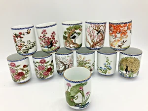 Vintage 1985 LOT COMPLET : 12 tasses à saké/thé porcelaine Franklin Mint oiseaux Japon - Photo 1/10