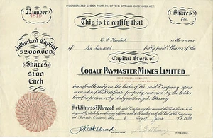 CANADA, Cobalt Paymaster Mines Limited Stock Certificate 1909, Toronto Ontario - Picture 1 of 2