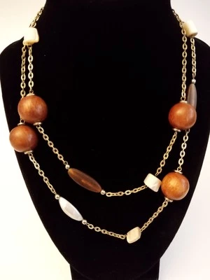 Collar Estación Boho Cookie Lee Madera Concha de Cuentas Tono Dorado ~ 35" Largo Foto 1 de 4