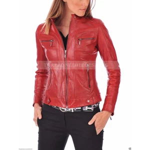 Rote weiche Echtlederjacke Damen Motorrad Slim Fit Bikerjacke - Bild 1 von 4