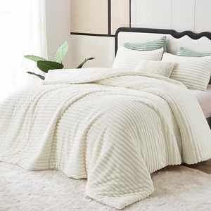 Fluffy Full Size Comforter Sets - Super Soft Faux Fur Cream White Comforter Q... - Picture 1 of 5
