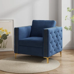 Accent Chair for Living Room Upholstered Arm Chair with Metal Legs Navy Blue Ve - Picture 1 of 10