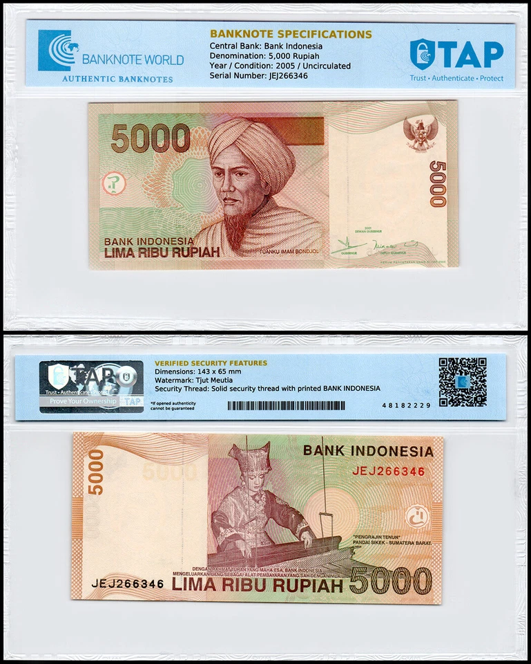 Indonesia 5000 Rupiah, 2005, P-142e, UNC, Authenticated Banknote - Image 1 of 1