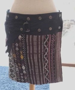 Maroon Black Gold Silver Adjustable Wraparound Mini Skirt Zipped Outer Pocket - Picture 1 of 4
