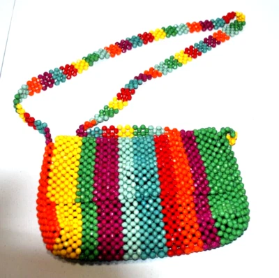Bolso Bandolera Cartera Cynthia Rowley Arco Iris Rayas Cuentas Años 60 70 Estilo Boho Foto 1 de 4