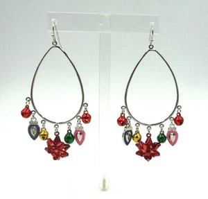 SILVER TEARDROP HOOP DANGLE EARRINGS WITH MULTI-COLOR CHRISTMAS CHARMS - Picture 1 of 3