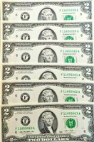 SIX (6) BILLS OF $2 TWO DOLLAR Crisp Uncirculated Consecutive