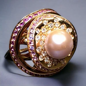Stefan Hafner Io Si 18K Rose Gold Diamond Pink Sapphire Pearl Cocktail Ring - Picture 1 of 13